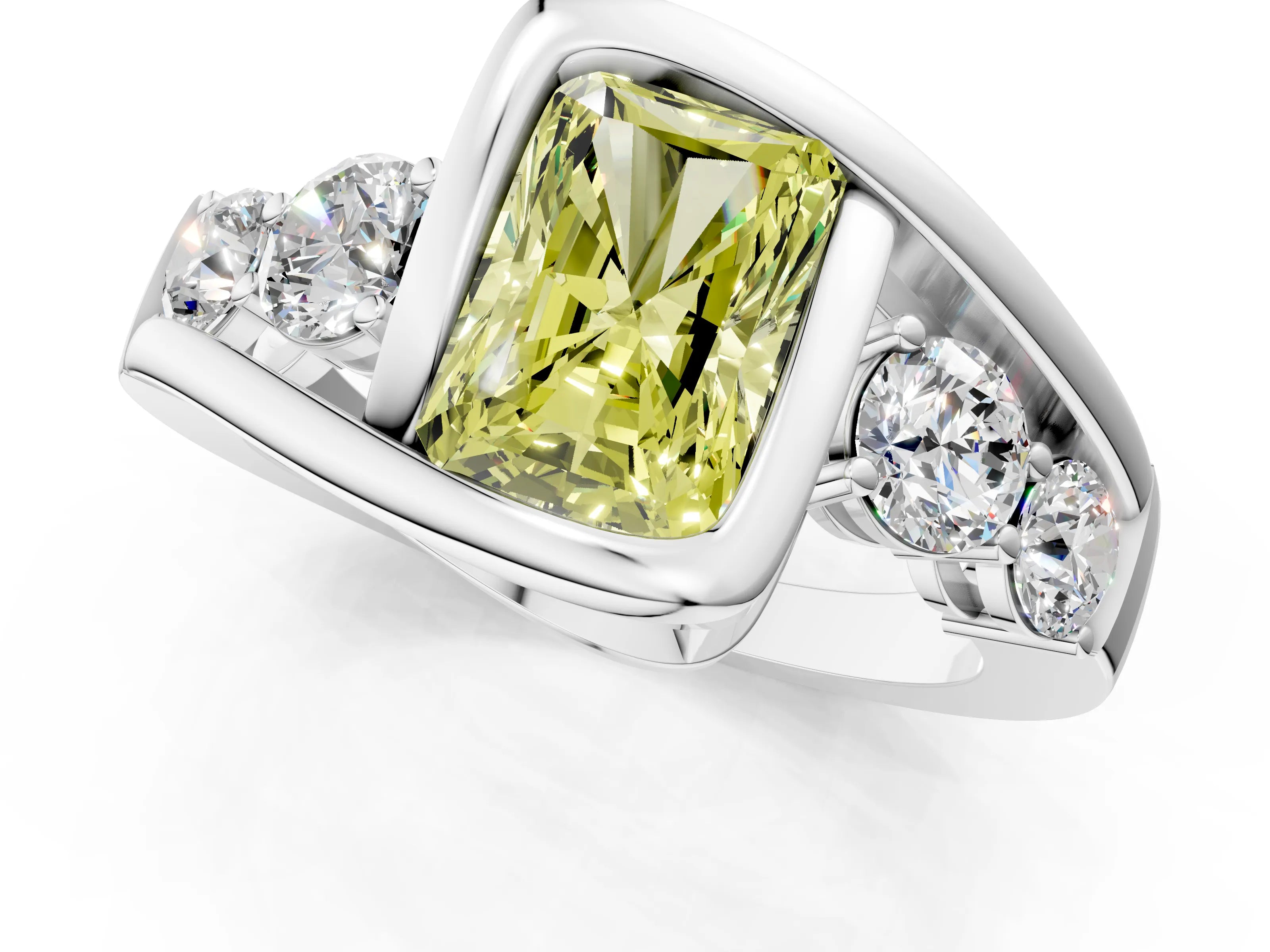 White gold Bezel Set Fancy Yellow Radiant Cut Diamond Split Shank Ring_1
