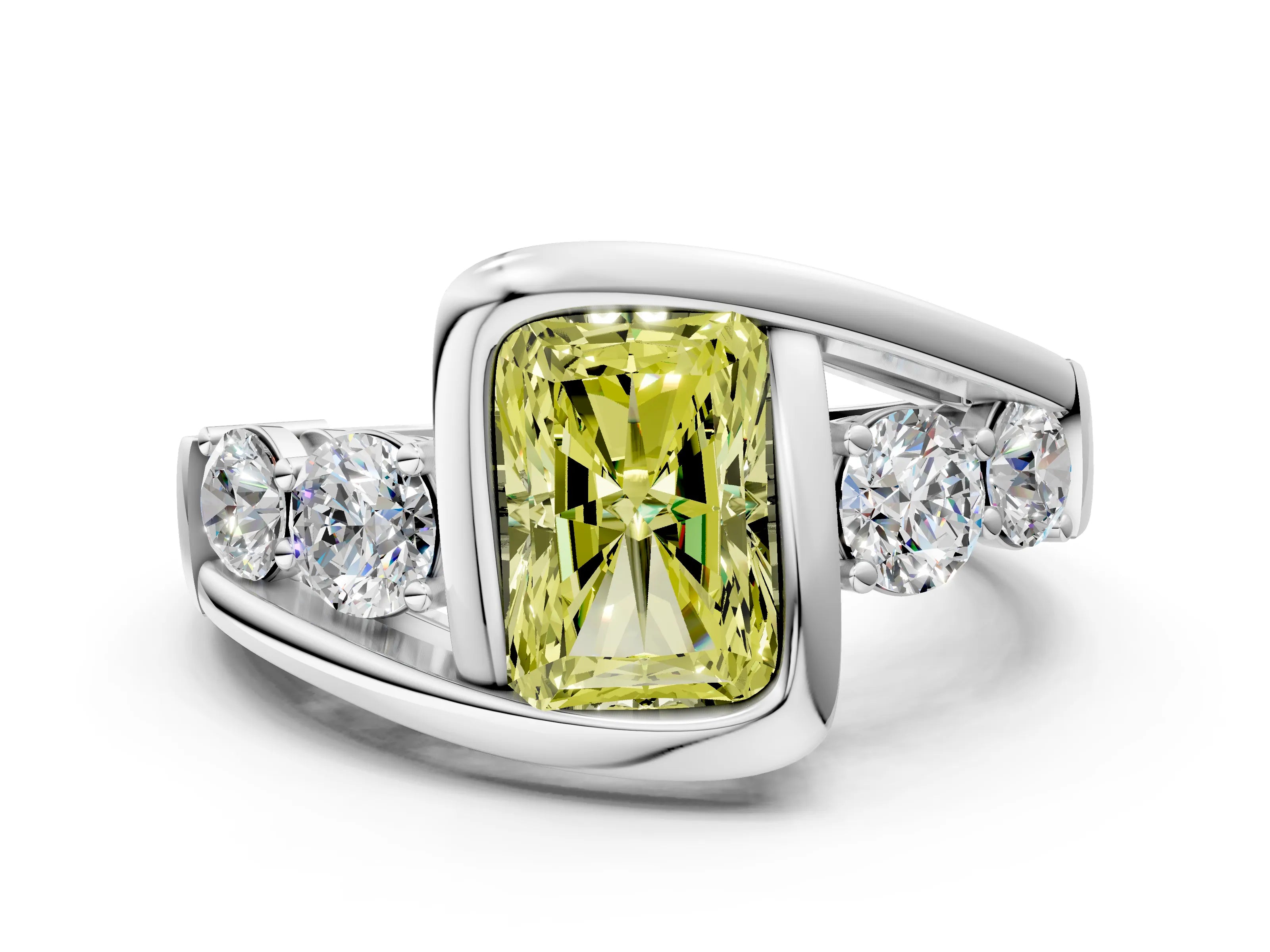 White gold Bezel Set Fancy Yellow Radiant Cut Diamond Split Shank Ring_48