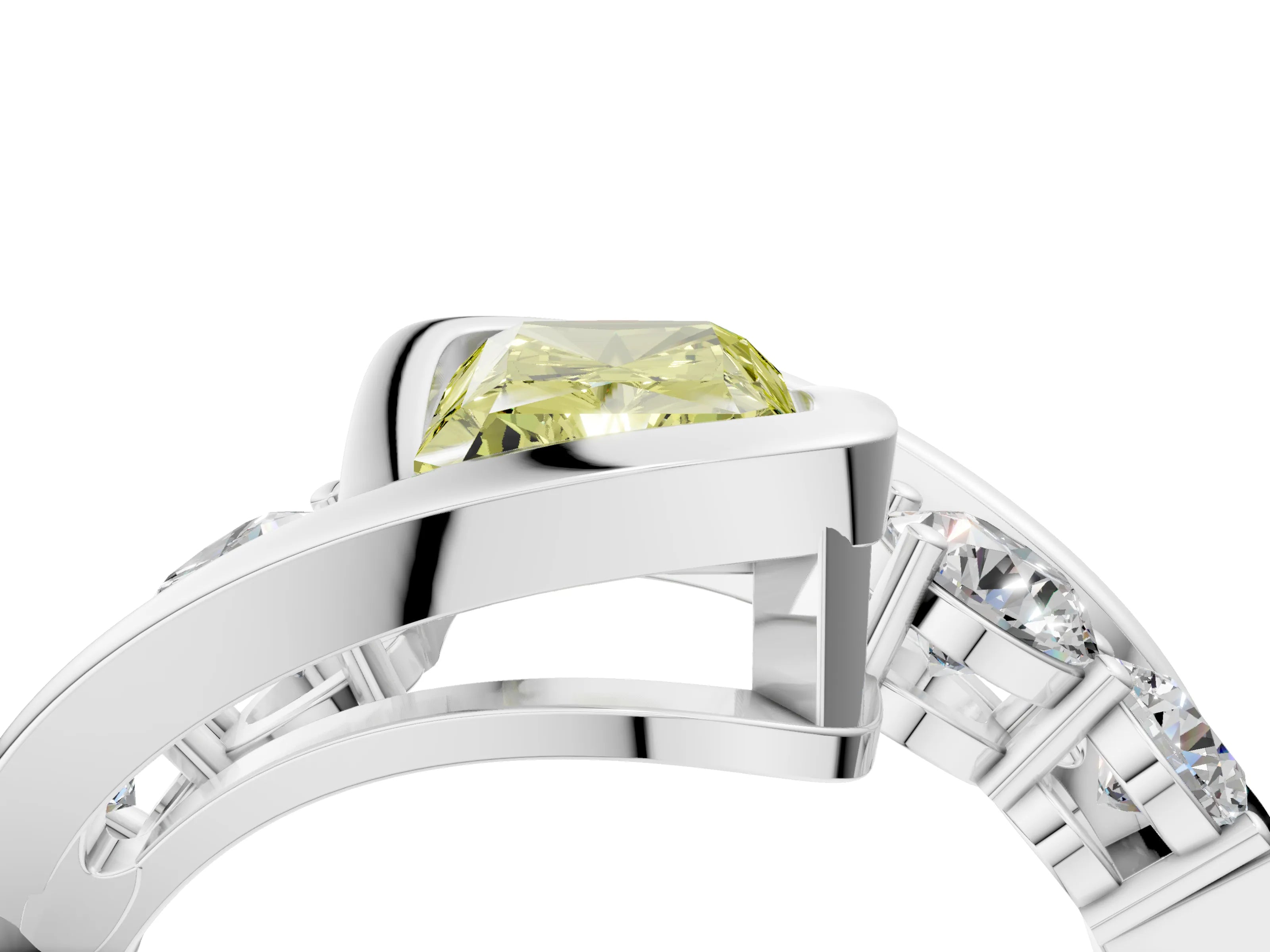 White gold Bezel Set Fancy Yellow Radiant Cut Diamond Split Shank Ring_4