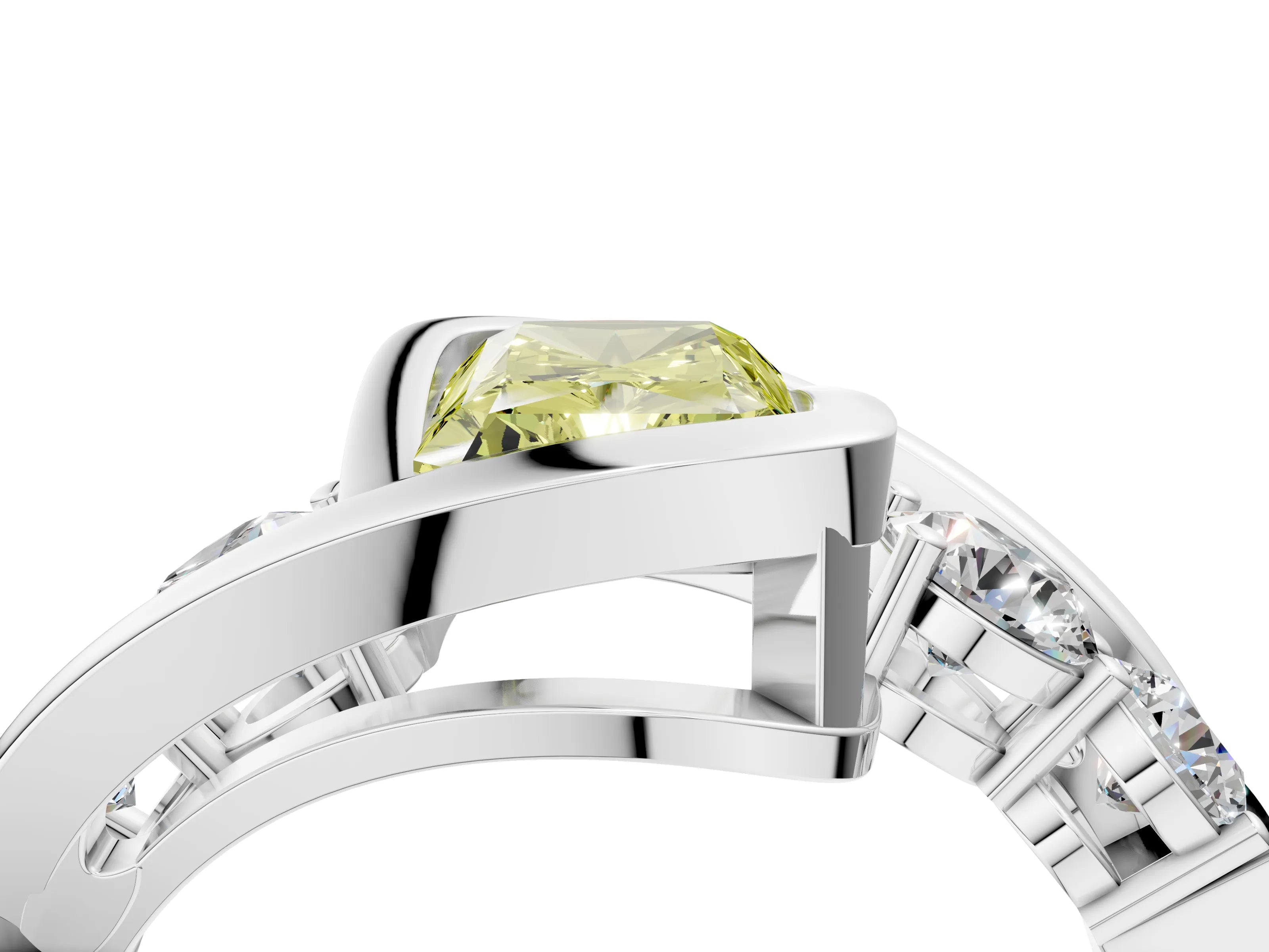 White gold Bezel Set Fancy Yellow Radiant Cut Diamond Split Shank Ring_50