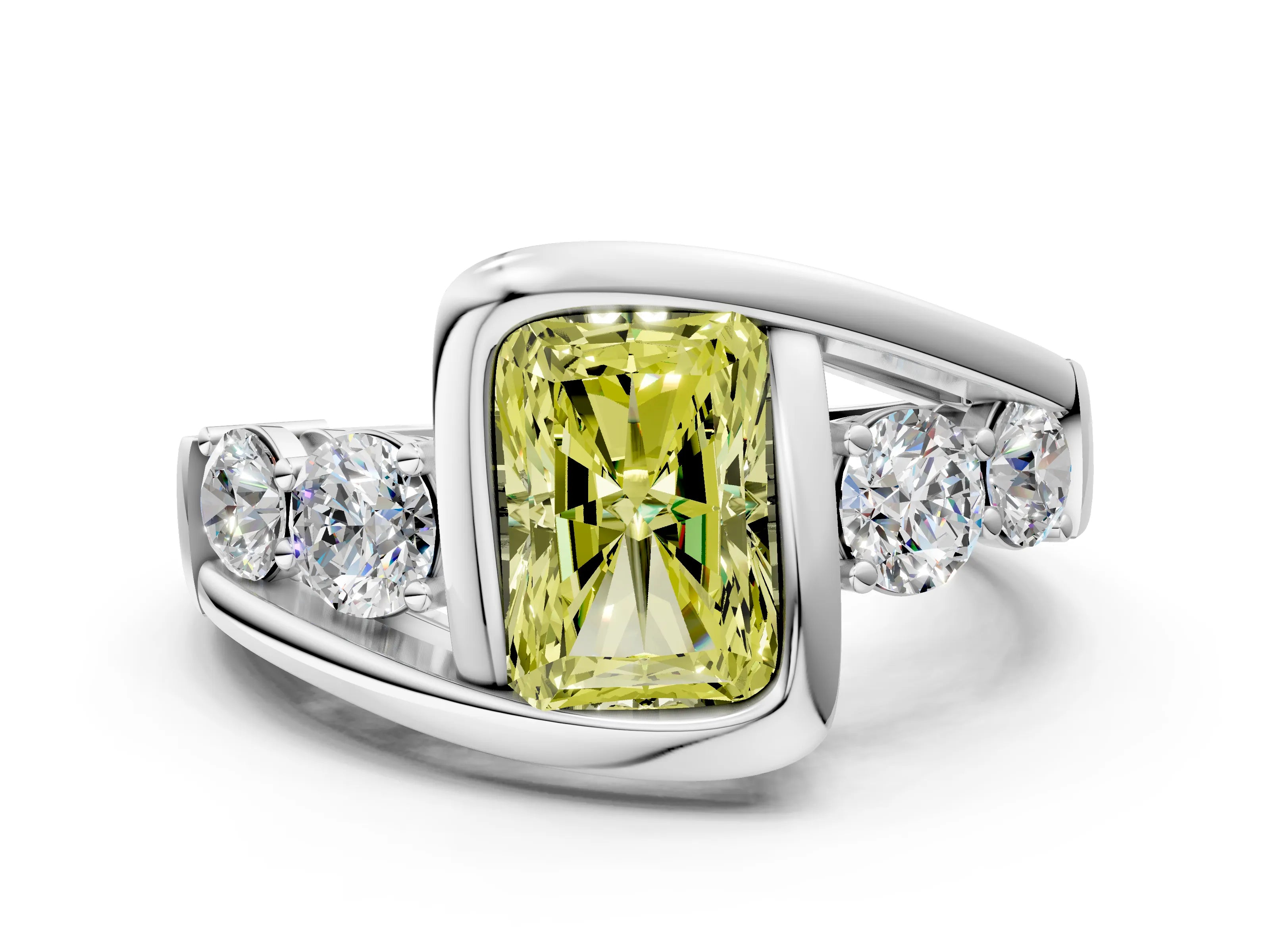 White gold Bezel Set Fancy Yellow Radiant Cut Diamond Split Shank Ring