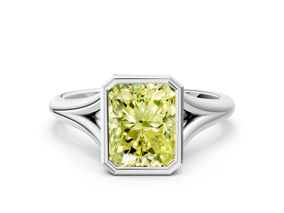 White gold Bezel Set Fancy Yellow Radiant  Cut Solitaire Ring with Tapered Band
