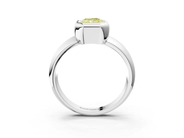 White gold Bezel Set Fancy Yellow Radiant  Solitaire Ring with Wide Band