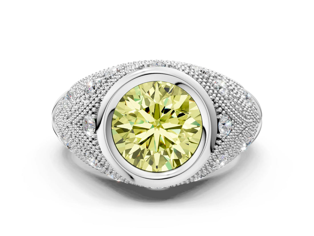 White gold Bezel Set Fancy Yellow Round Cut Diamond Milgrain Band Ring