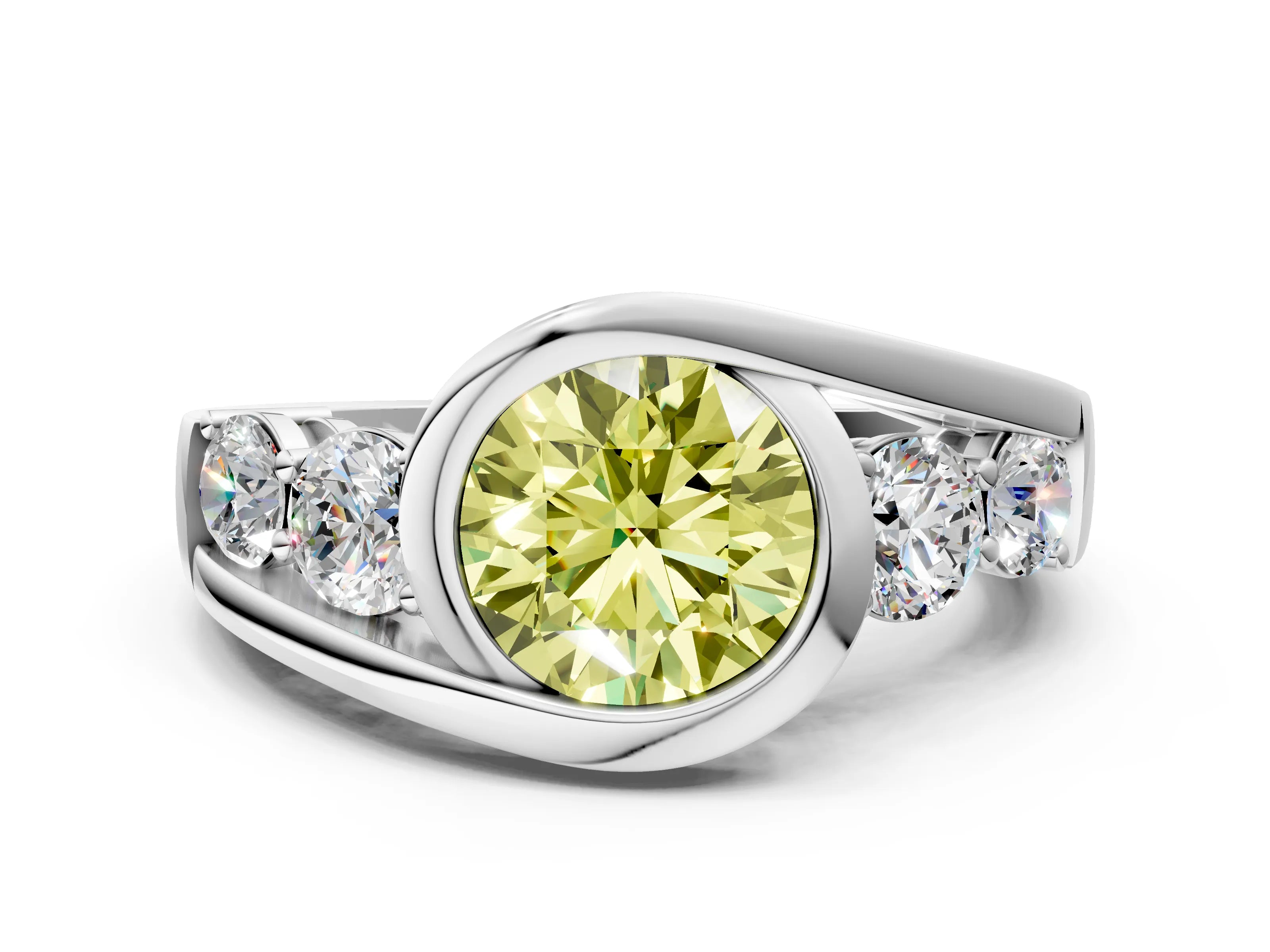 White gold Bezel Set Fancy Yellow Round Cut Diamond Split Shank Ring