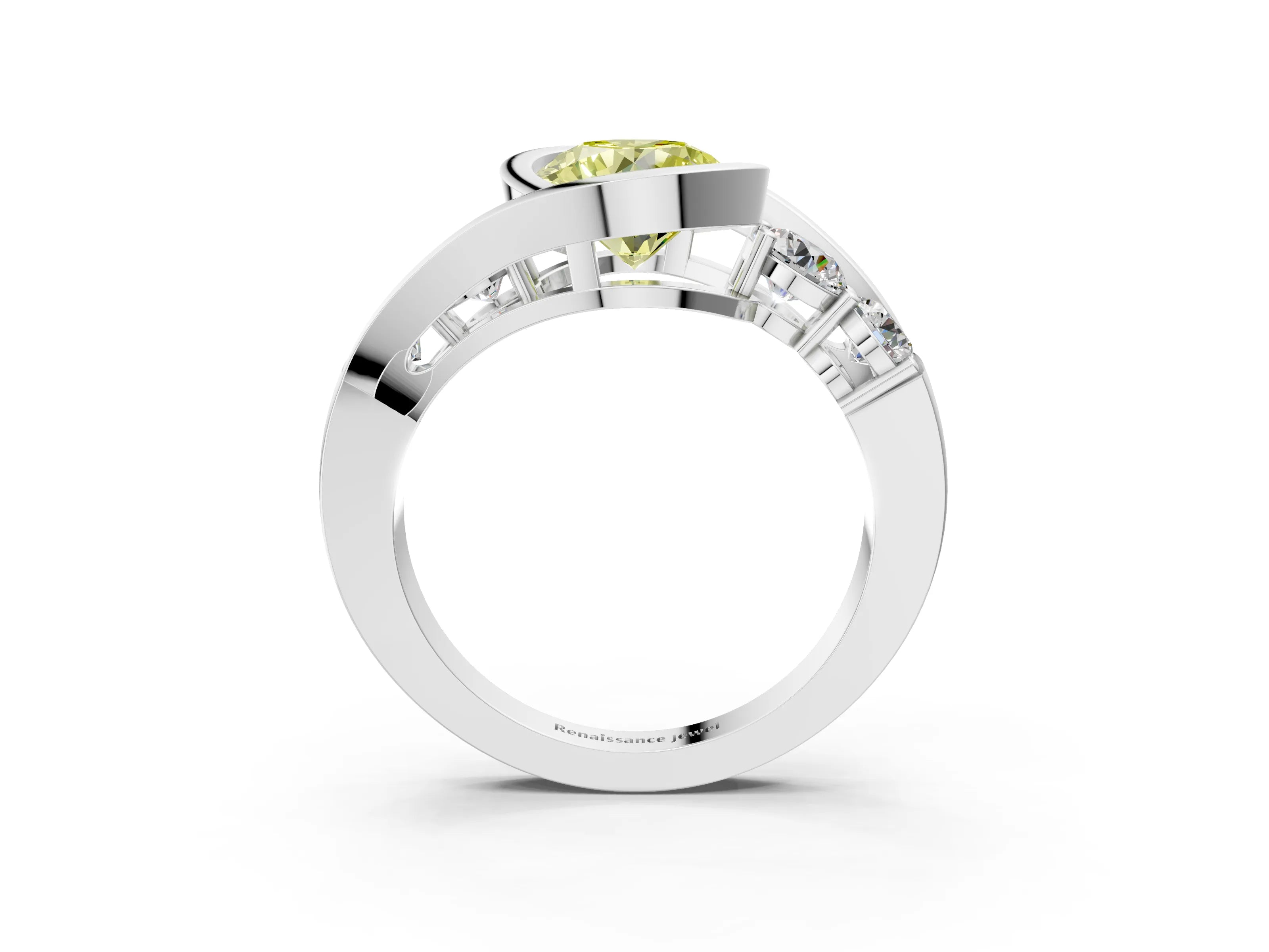 White gold Bezel Set Fancy Yellow Round Cut Diamond Split Shank Ring_15