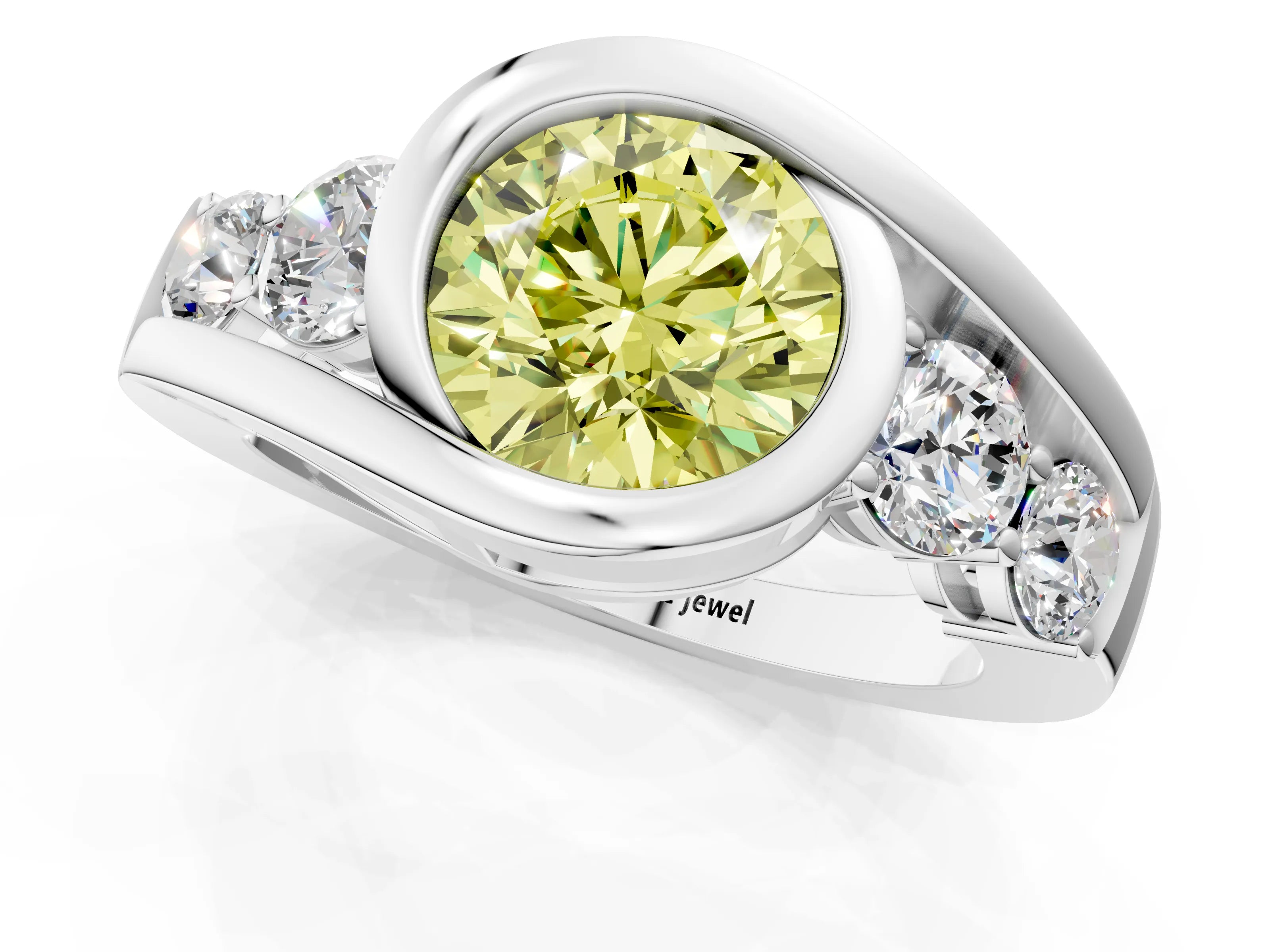 White gold Bezel Set Fancy Yellow Round Cut Diamond Split Shank Ring_1