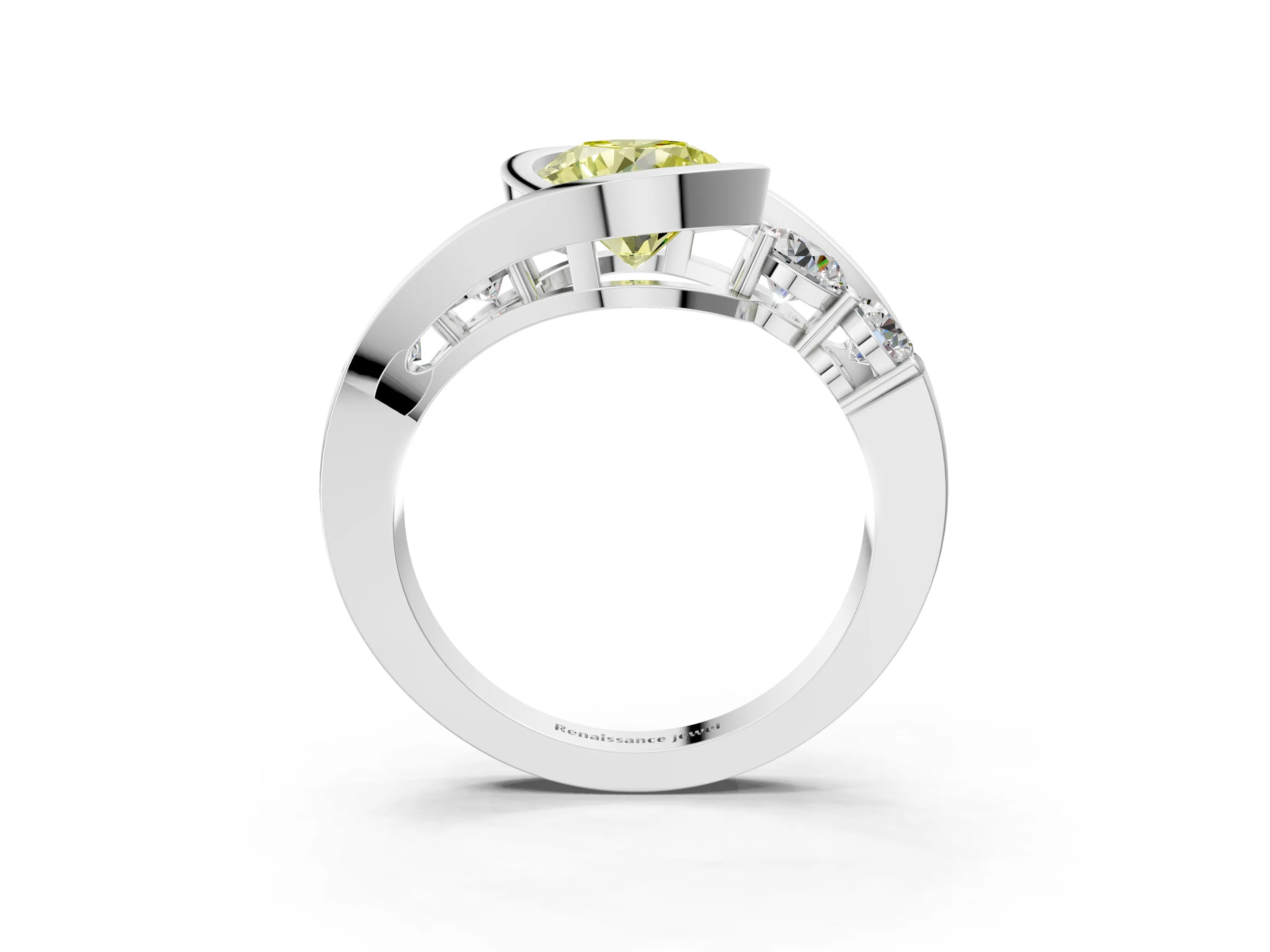 White gold Bezel Set Fancy Yellow Round Cut Diamond Split Shank Ring_3