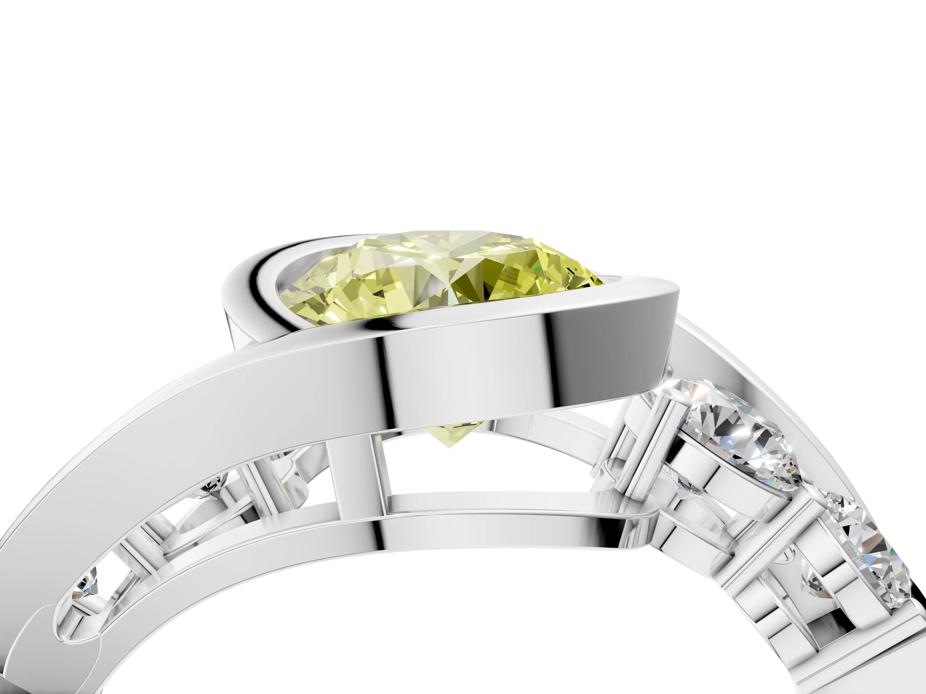 White gold Bezel Set Fancy Yellow Round Cut Diamond Split Shank Ring_4