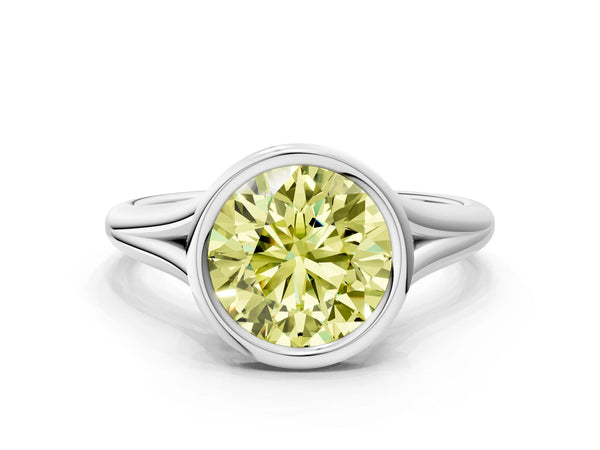 White gold Bezel Set Fancy Yellow Round  Cut Solitaire Ring with Tapered Band