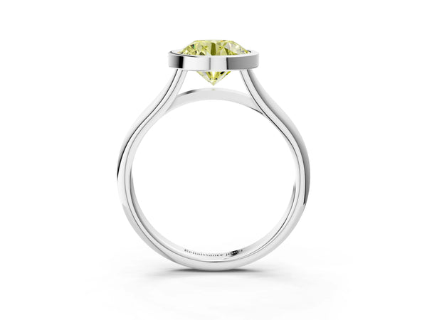 White gold Bezel Set Fancy Yellow Round  Cut Solitaire Ring with Tapered Band