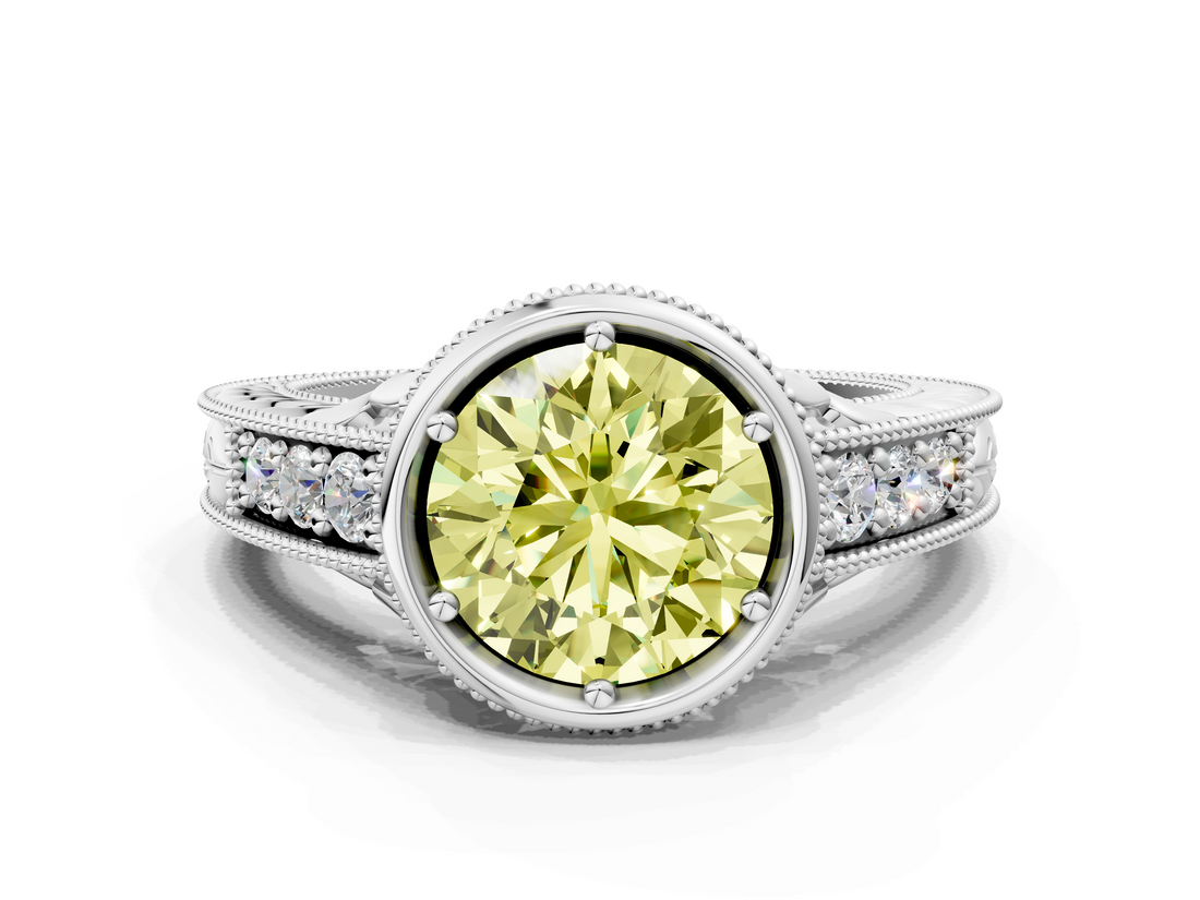 White gold Bezel Set Fancy Yellow Round  Diamond Milgrain Pave Engagement Ring