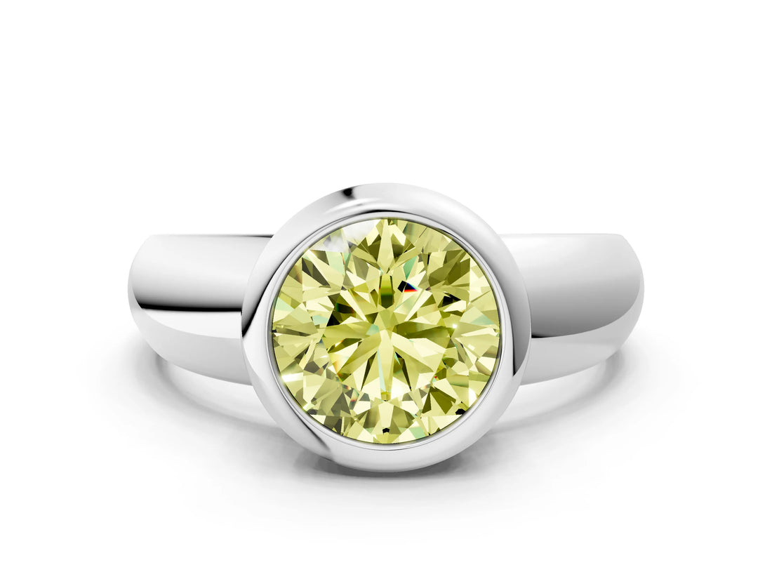 White gold Bezel Set Fancy Yellow Round  Solitaire Ring with Wide Band