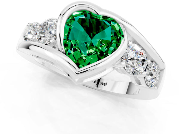 Platinum Bezel Set Heart Cut Emerald Bypass Ring with Round  Accents