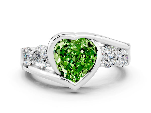 White gold Bezel Set Heart Cut Peridot Bypass Ring with Round  Accents