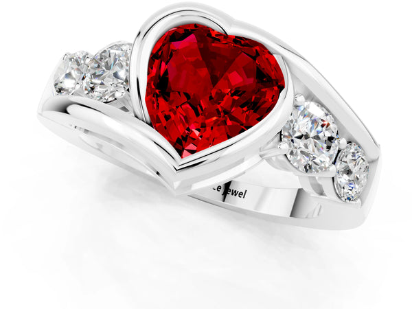 White gold Bezel Set Heart Cut Ruby Bypass Ring with Round  Accents