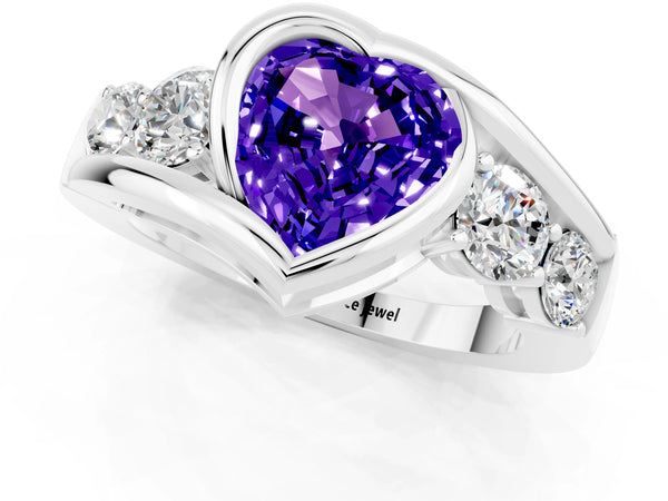 Platinum Bezel Set Heart Cut Tanzanite Bypass Ring with Round  Accents