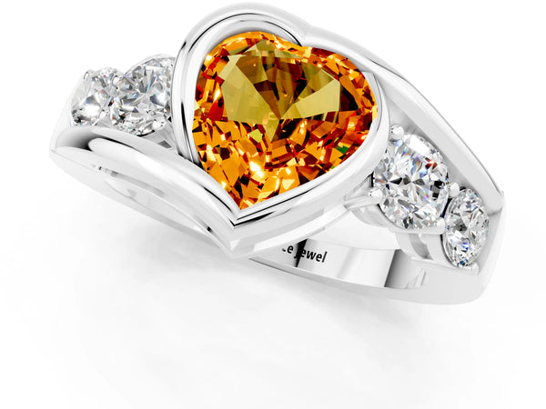 Platinum Bezel Set Heart Cut Citrine Bypass Ring with Round  Accents