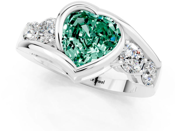 Platinum Bezel Set Heart Cut Green Sapphire Bypass Ring with Round  Accents