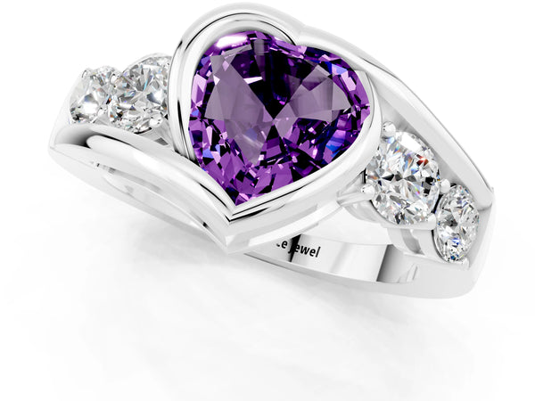 Platinum Bezel Set Heart Cut Amethyst Bypass Ring with Round  Accents