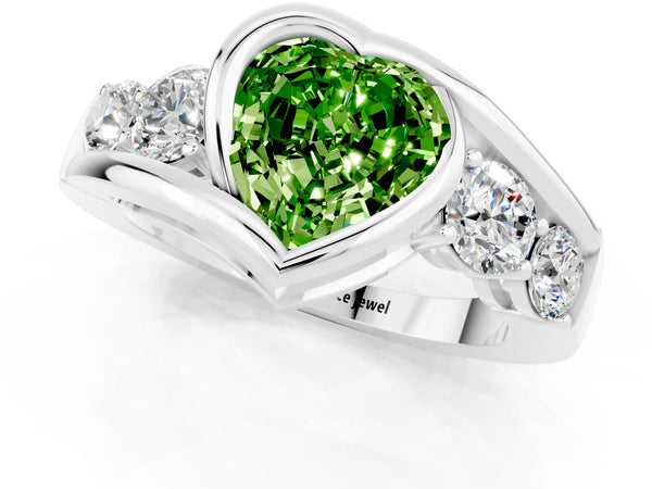 Platinum Bezel Set Heart Cut Peridot Bypass Ring with Round  Accents
