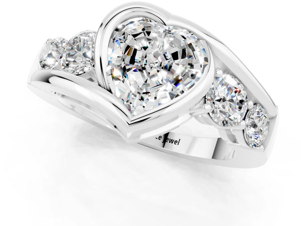 White gold Bezel Set Heart Cut Moissanite Bypass Ring with Round  Accents