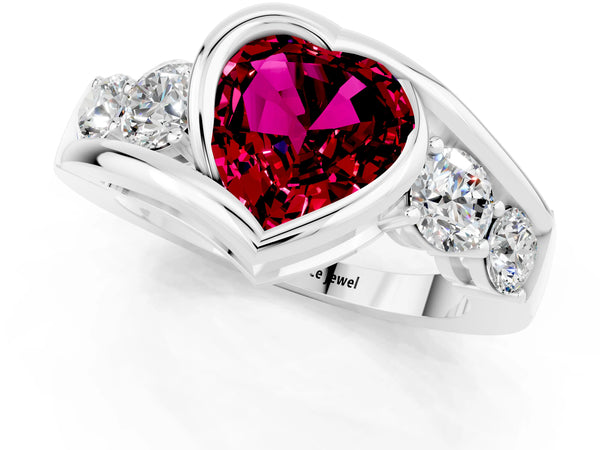 White gold Bezel Set Heart Cut Garnet Bypass Ring with Round  Accents