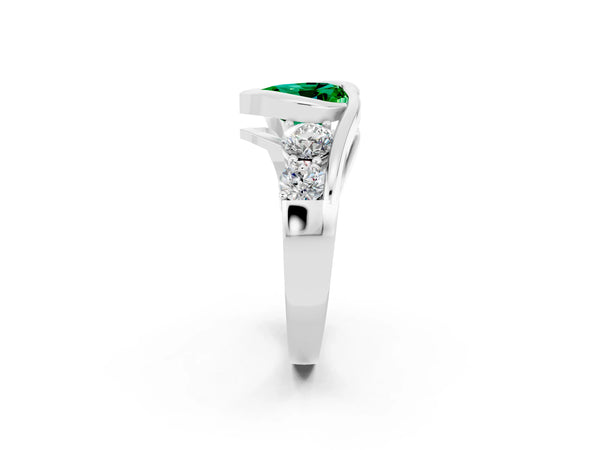 Platinum Bezel Set Heart Cut Emerald Bypass Ring with Round  Accents