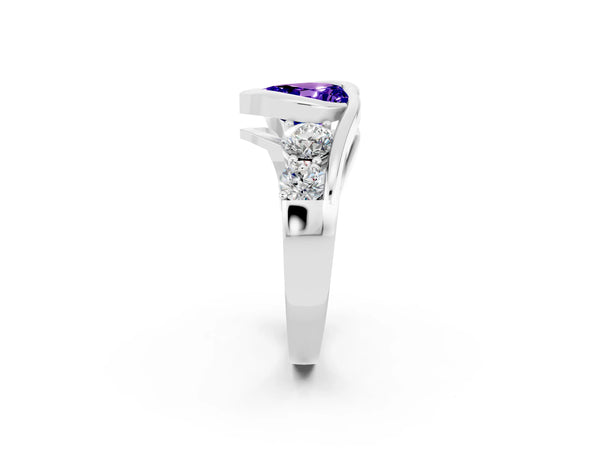 Platinum Bezel Set Heart Cut Tanzanite Bypass Ring with Round  Accents