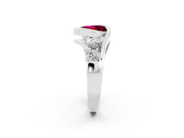Platinum Bezel Set Heart Cut Garnet Bypass Ring with Round  Accents
