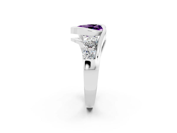 Platinum Bezel Set Heart Cut Amethyst Bypass Ring with Round  Accents