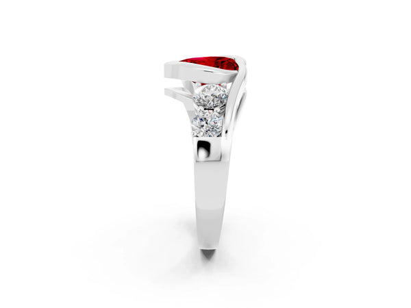 Silver Bezel Set Heart Cut Ruby Bypass Ring with Round  Accents