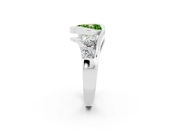 White gold Bezel Set Heart Cut Peridot Bypass Ring with Round  Accents