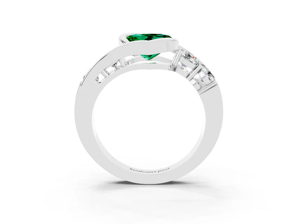 White gold Bezel Set Heart Cut Emerald Bypass Ring with Round  Accents
