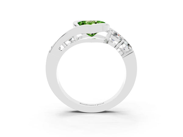 Platinum Bezel Set Heart Cut Peridot Bypass Ring with Round  Accents
