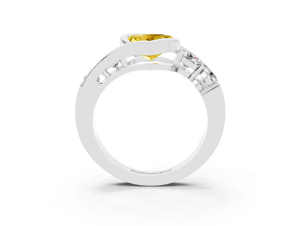 Platinum Bezel Set Heart Cut Yellow Sapphire Bypass Ring with Round  Accents