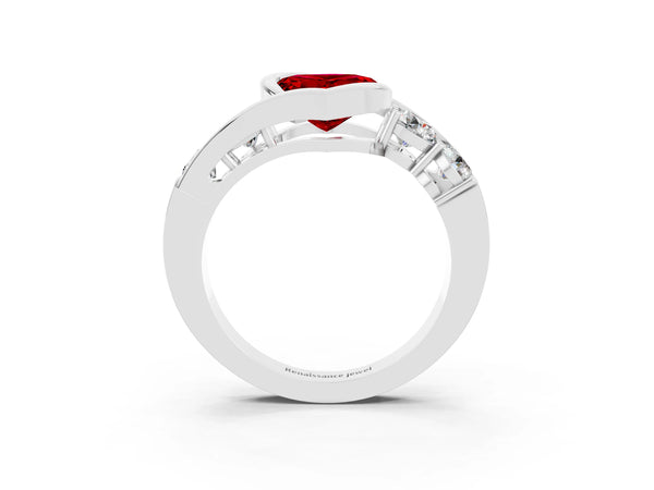 Silver Bezel Set Heart Cut Ruby Bypass Ring with Round  Accents