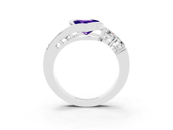 Platinum Bezel Set Heart Cut Tanzanite Bypass Ring with Round  Accents