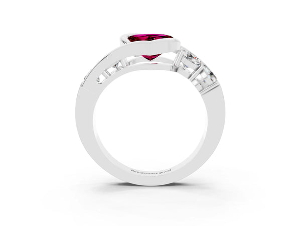 Platinum Bezel Set Heart Cut Garnet Bypass Ring with Round  Accents