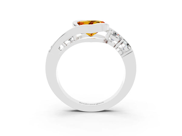 Silver Bezel Set Heart Cut Citrine Bypass Ring with Round  Accents