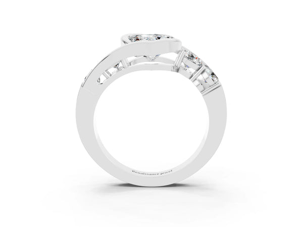 White gold Bezel Set Heart Cut Moissanite Bypass Ring with Round  Accents
