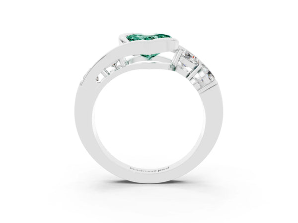 Silver Bezel Set Heart Cut Green Sapphire Bypass Ring with Round  Accents