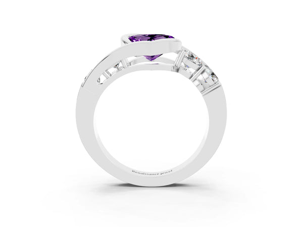 Silver Bezel Set Heart Cut Amethyst Bypass Ring with Round  Accents