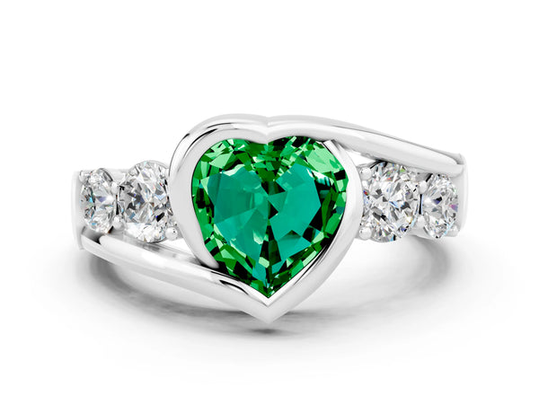White gold Bezel Set Heart Cut Emerald Bypass Ring with Round  Accents