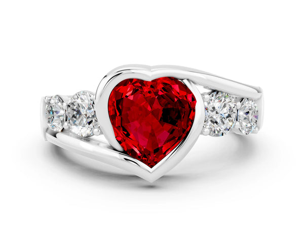 Platinum Bezel Set Heart Cut Ruby Bypass Ring with Round  Accents