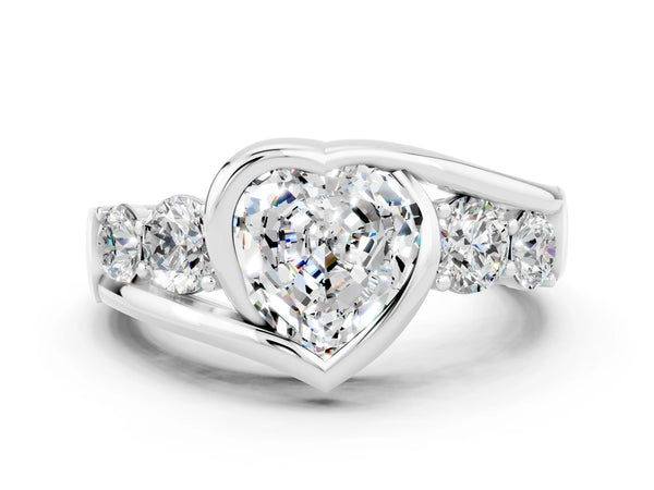 White gold Bezel Set Heart Cut Moissanite Bypass Ring with Round  Accents