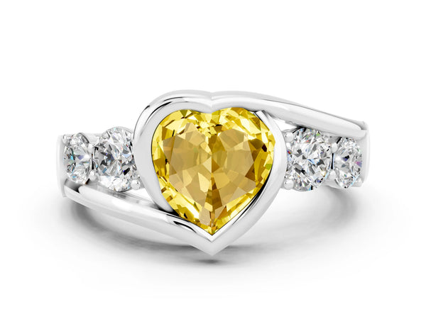 Platinum Bezel Set Heart Cut Yellow Sapphire Bypass Ring with Round  Accents