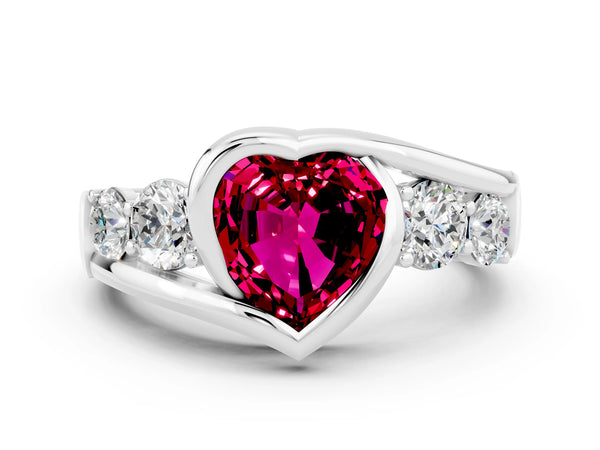 Platinum Bezel Set Heart Cut Garnet Bypass Ring with Round  Accents