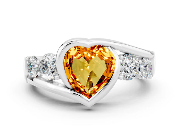 Platinum Bezel Set Heart Cut Citrine Bypass Ring with Round  Accents