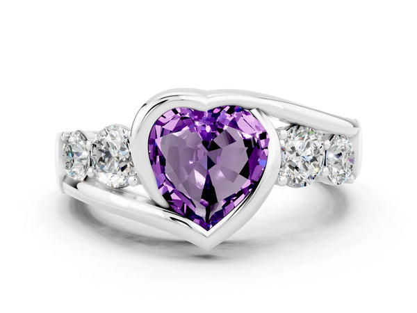 Silver Bezel Set Heart Cut Amethyst Bypass Ring with Round  Accents